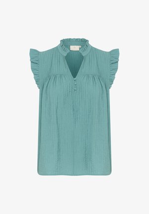 Türkiz blúz magas fodros gallérral, rövid, lobogó ujjakkal és texturált anyaggal. Érdekes, hogy az elején részleges gombolás található.