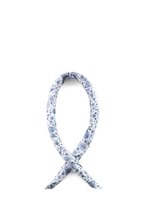 Blåt og hvidt paisley-mønstret stof snoet til en løs sløjfe på en hvid baggrund.