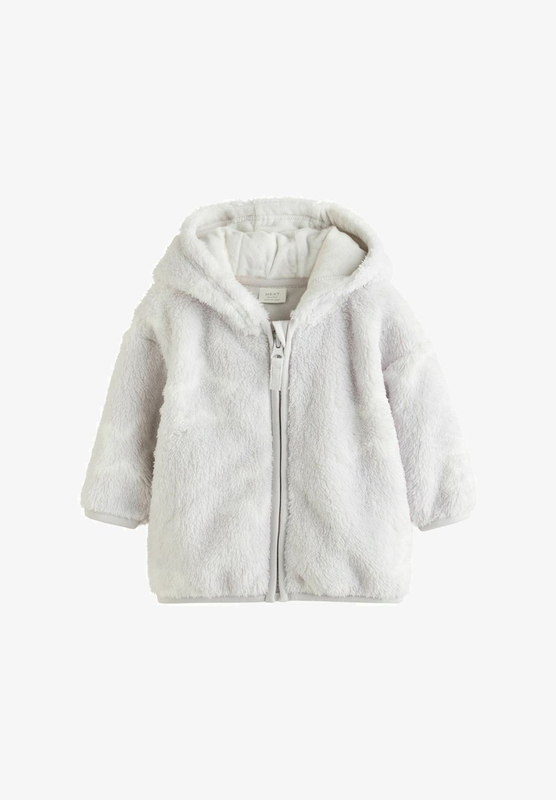 Giacca con cappuccio grigio chiaro realizzata in morbido e lussuoso tessuto. Presenta una zip frontale completa e polsini elasticizzati. Superficie accogliente e текстurizzata.