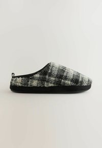 Gray and black plaid slipper with a soft, plush exterior and a dark sole. Features a rounded toe and rear pull tab for easy wear.