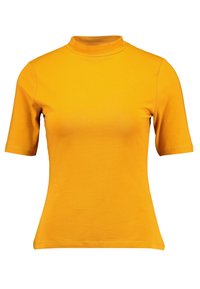 Krátký rukáv, top s vysokým výstřihem v jasně žluté barvě, vyrobený z měkké, elastické tkaniny. Hladký povrch bez viditelných vzorů nebo akcentů.