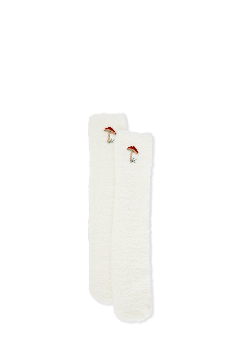 Cremefarbene, flauschige Stulpen mit bestickten Designs von roten Fliegenpilzen. Weicher Stoff und verlängerte Form für zusätzlichen Schutz und Wärme.
