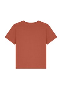 Rustkleurig T-shirt met een ronde hals en korte mouwen. Gemaakt van zachte stof, in een effen kleur zonder patronen of versieringen.