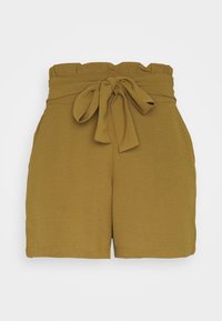 Khaki bavlněné kraťasy s volánkovým pasem a stahovací šňůrkou. Mají boční kapsy a rovný lem.
