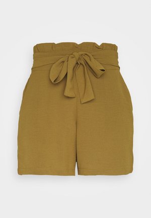 Shorts en coton kaki avec une taille froncée et une ceinture à nouer. Comprend des poches latérales et un ourlet droit.