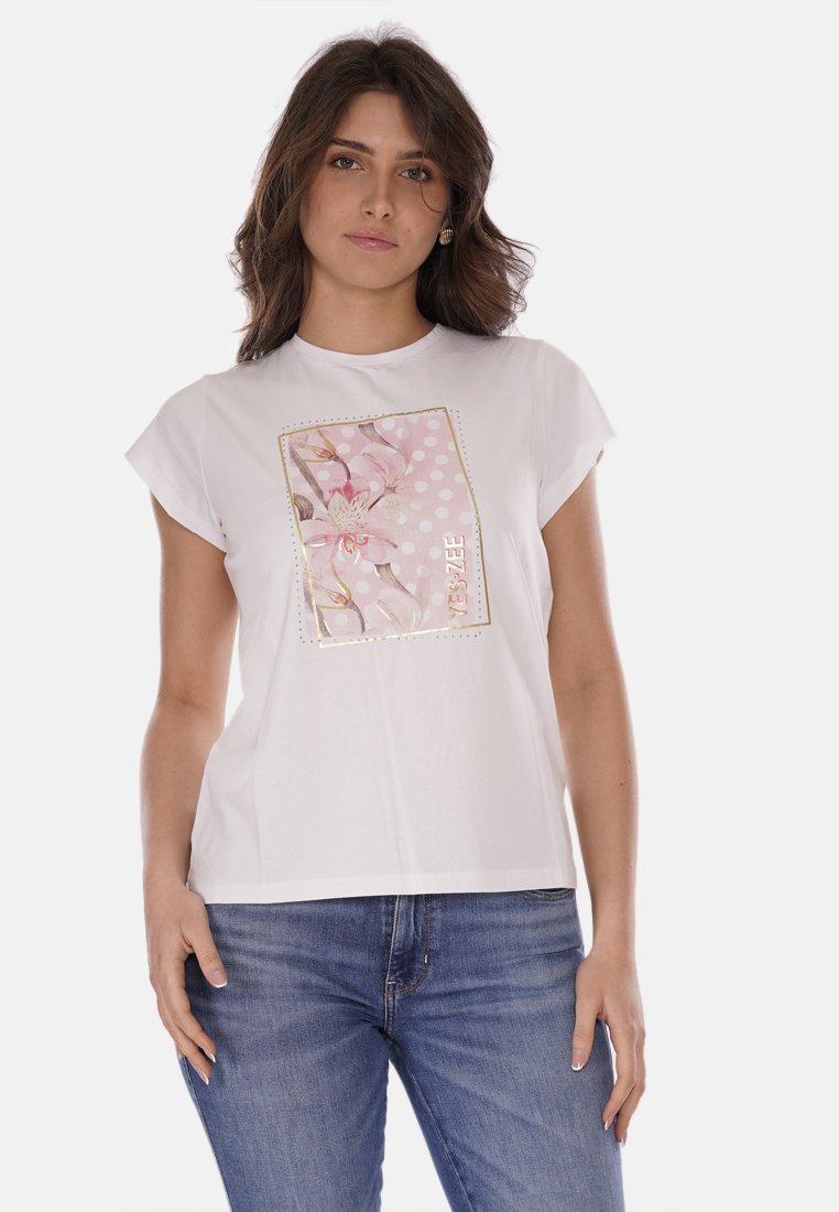 T-shirt bianco a maniche corte con un design floreale in accenti rosa e oro sulla parte anteriore, realizzato in morbido cotone.