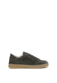Dunkelgraue Wildledersneaker mit glatter Textur, runder Zehenpartie, flacher Gummisohle und minimalistischem Schnürdesign.