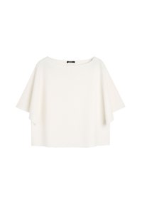 Biała, oversize t-shirt w teksturowanej tkaninie, z szerokim dekoltem i luźnymi rękawami, zapewniająca swobodny krój. Prosty, minimalistyczny design.