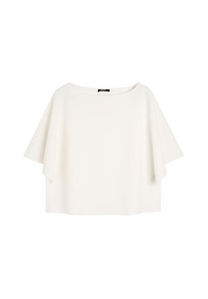 Biała, oversize t-shirt w teksturowanej tkaninie, z szerokim dekoltem i luźnymi rękawami, zapewniająca swobodny krój. Prosty, minimalistyczny design.