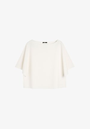 Biała, oversize t-shirt w teksturowanej tkaninie, z szerokim dekoltem i luźnymi rękawami, zapewniająca swobodny krój. Prosty, minimalistyczny design.