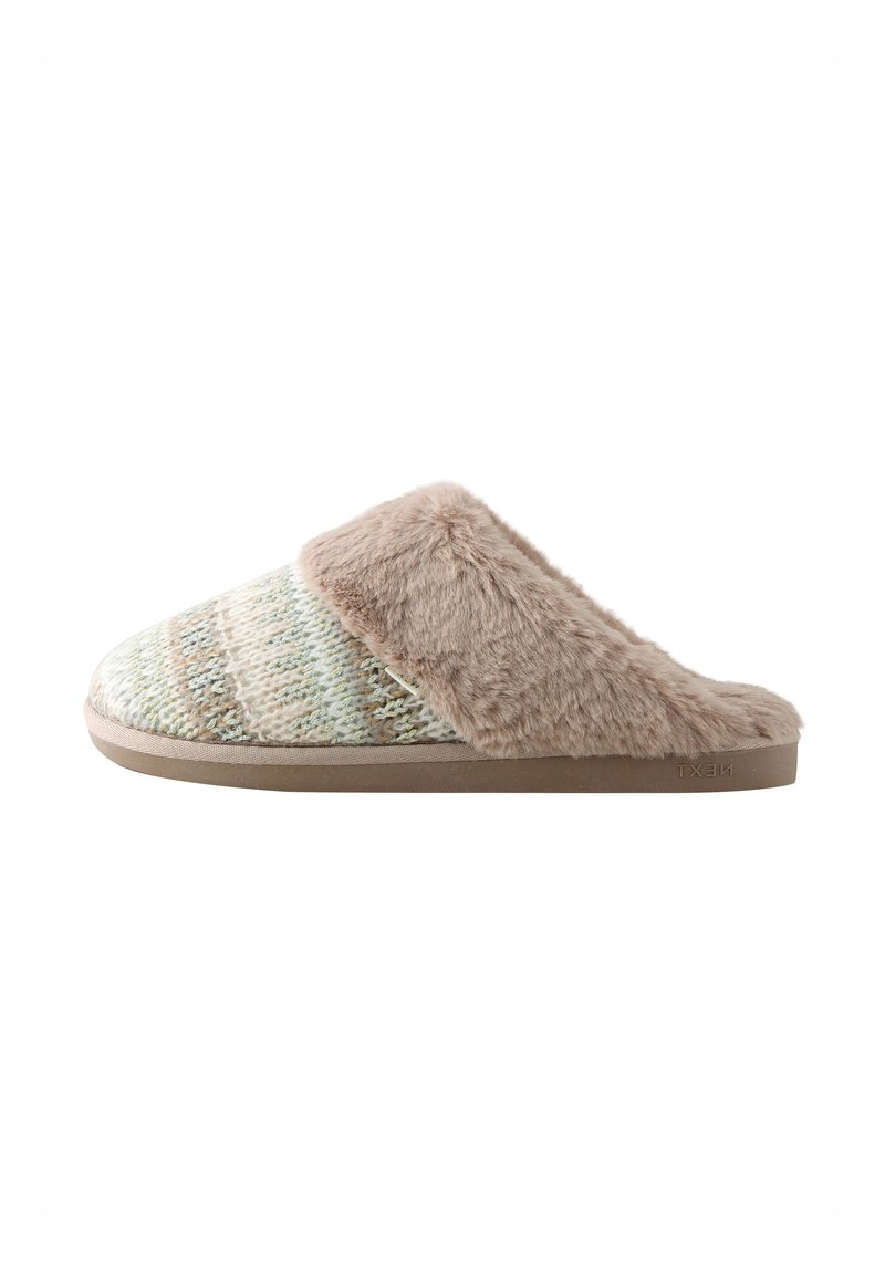 Pantofole con tomaia in maglia multicolore e testurizzata in toni chiari, caratterizzate da un polsino in pelliccia sintetica beige soffice e una suola in gomma beige.