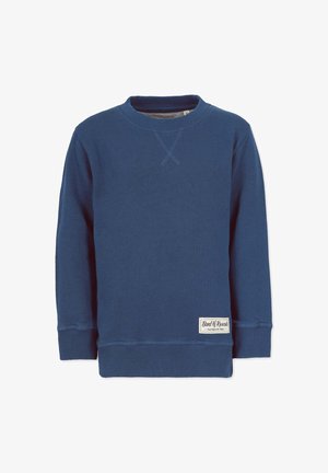 Sininen huppari, jossa on pitkät hihat, ribbireunat ja -helma sekä pyöreä kaula-aukko. Alhaalla edessä logo-patch. Pehmeä tekstuuri.