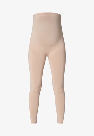 Leggings de maternité beige avec une taille haute, fabriqués en matière extensible et lisse. Présentent une coupe ajustée et un design sans couture.
