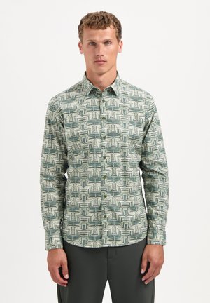 Green patterned button-up shirt featuring a geometric design with varying shades of green and cream. Long sleeves and a standard collar.