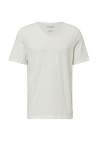 Lichtbeige V-hals T-shirt van zacht, gestructureerd materiaal met korte mouwen en een relaxte pasvorm; heeft een label aan de hals.