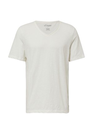 Lichtbeige V-hals T-shirt van zacht, gestructureerd materiaal met korte mouwen en een relaxte pasvorm; heeft een label aan de hals.