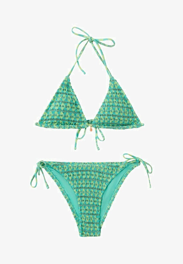 Sada plaviek v tyrkysovej a žltej farbe s textúrou, trojuholníkový vrchný diel a spodný diel so zaväzovaním na bokoch, s nariaseným vzorom látky.
