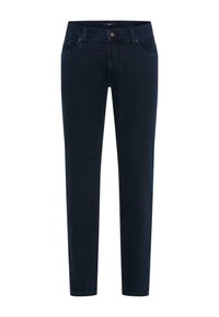 Jeans en denim bleu foncé avec une coupe droite, dotés de poches avant, d'une fermeture à bouton et d'un design classique de taille.