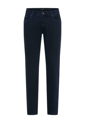 Jeans in denim blu scuro con una vestibilità dritta, dotati di tasche anteriori, chiusura con bottone e un design del girovita classico.