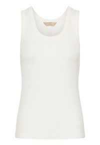 Débardeur blanc sans manches pour femme avec encolure dégagée, silhouette ajustée, et étiquette de la marque Culture à l'intérieur du col.