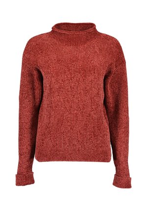 Sweter w kolorze rdzy z dzianiny z wzorami warkoczy, długimi rękawami, podwiniętymi mankietami i lekko podniesionym okrągłym dekoltem.