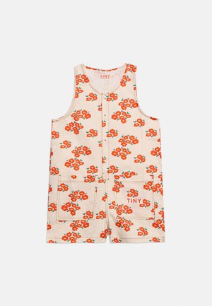 Combinaison sans manches beige pour tout-petit avec imprimé floral orange, boutons à l'avant, deux poches avant et "TINY" imprimé sur la poche droite.