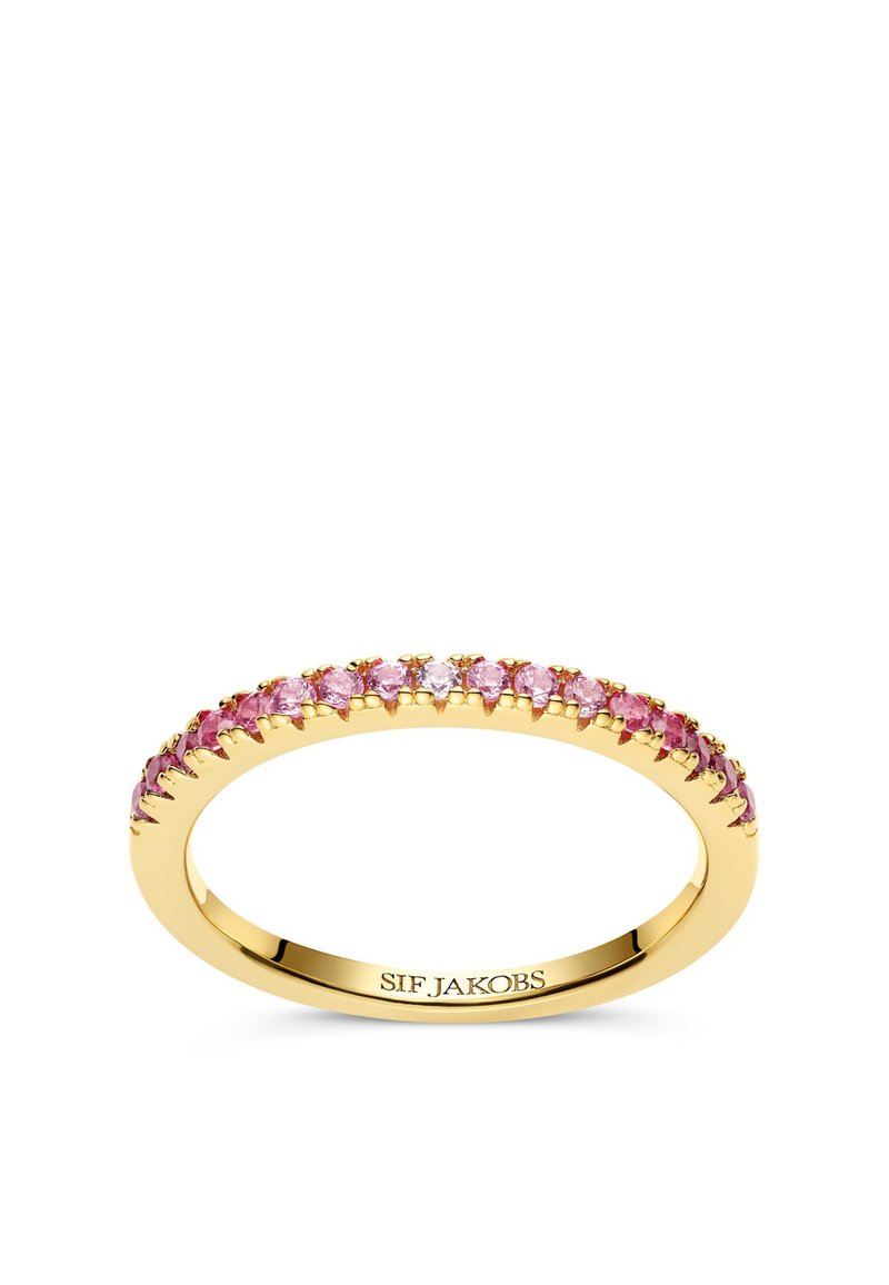 Goldring mit einer Reihe von rosa und klaren Edelsteinen, die in einem durchgehenden Band eingesetzt sind. Er besticht durch eine glatte Oberfläche und ein filigranes Design.