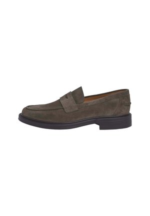 Suede loafers in olive green with a round toe, front strap detail, and a black rubber sole, featuring subtle stitching accents.