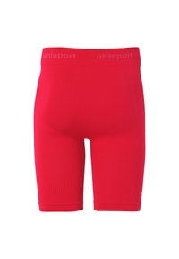 Rote Sportshorts mit einer engen Passform, aus elastischem Stoff gefertigt. Verfügt über ein Logo-Band an der Taille und eine glatte Textur.