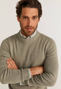 Pull-over en maille, gris clair, avec un col rond à côtes et des poignets à côtes. Porté par-dessus une chemise blanche à col avec des rayures grises.