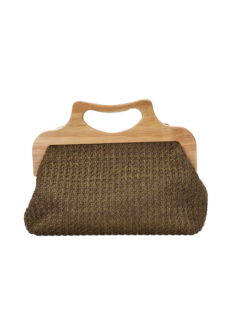 Handtasche mit handgehaltenem Verschluss, hellen Holzgriffen und einem Körper aus strukturiertem, dunkelbraunem, gewebtem Stoff vor weißem Hintergrund.