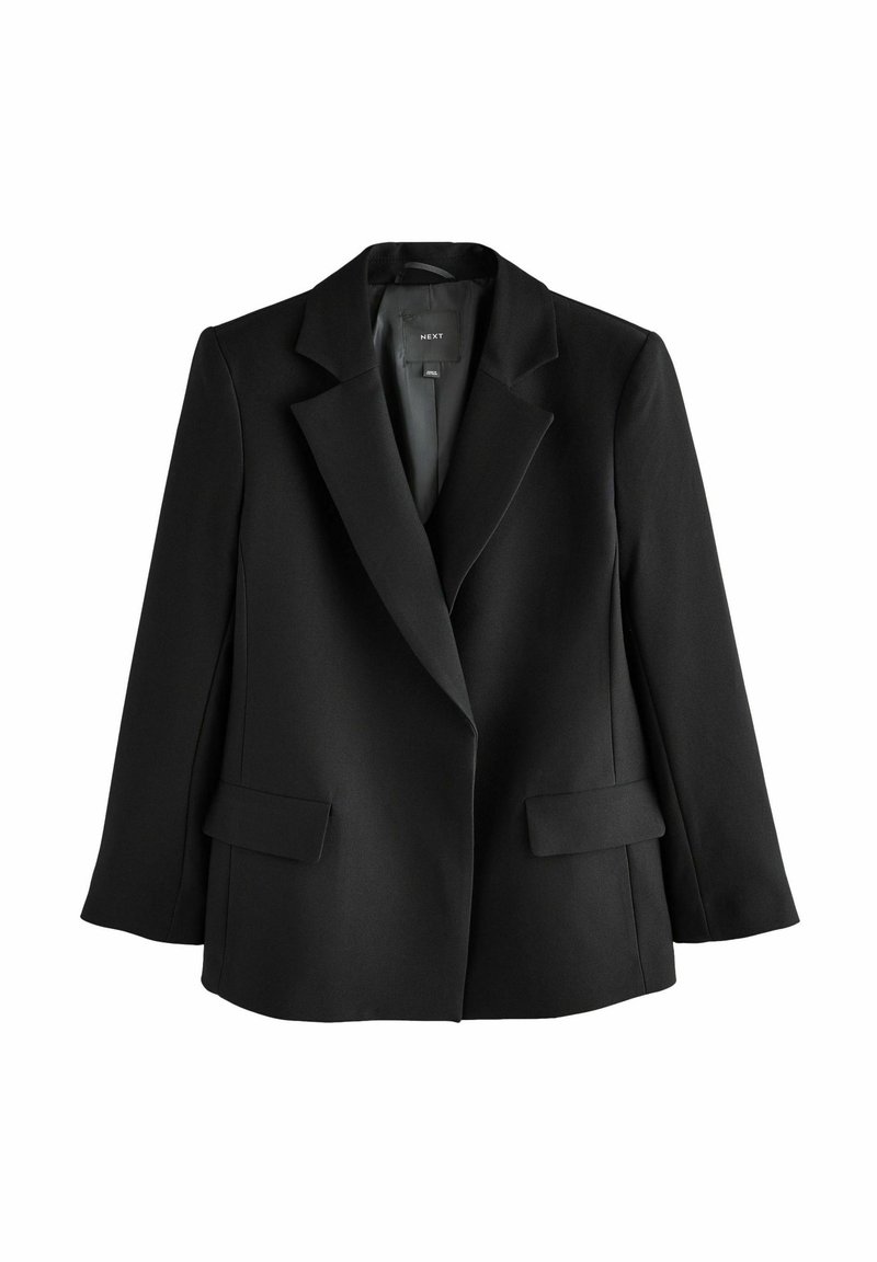 Sort blazer med en tætsiddende pasform, snit-lapel, to forlommer og en glat tekstur. Fodret indvendig, ingen synlig hardware.