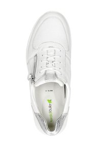 White leather sneaker with textured upper, silver accents, lace-up design, and zipper detail. Insole marked with "waldläufer" and size info.