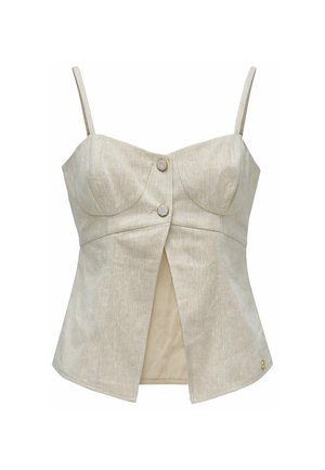 Top sin mangas de lino beige con tirantes finos, copas estructuradas, dos botones delanteros y una abertura frontal que muestra el forro interior.