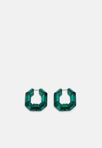 Green acrylic hoop earrings in an octagonal shape with faceted edges, featuring a metallic clasp for securing.
