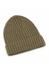 Berretto in maglia verde olivo, caratterizzato da una texture a coste con orlo ripiegato. La parte superiore ha una forma rotonda con una finitura senza cuciture.