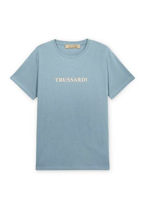 Lyseblå kortærmet bomulds T-shirt med rund halsudskæring og "TRUSSARDI" trykt i beige på brystet.