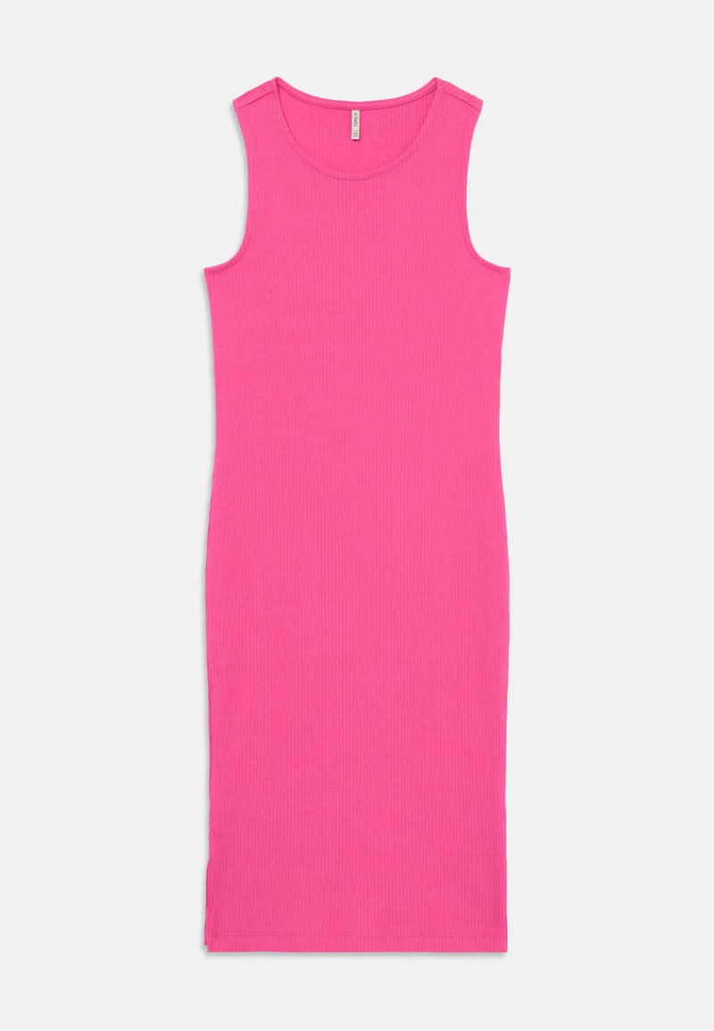 Vestido justo, sem mangas, em tecido canelado rosa brilhante, com um decote redondo simples, barra reta e sem adornos adicionais.