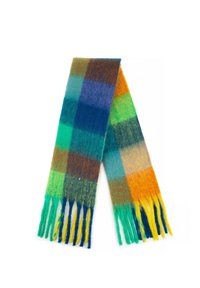Wełniany szalik w wielokolorową kratę, zawierający zieleń, pomarańcz, niebieski i żółty. Teksturowane wykończenie z frędzlami na krawędziach.