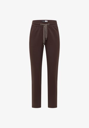 Pantalon de survêtement marron à jambes droites avec taille élastique et cordon beige, poches avant non visibles, style décontracté.