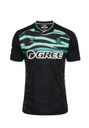 Maillot de sport noir à manches courtes avec un motif à rayures vertes, col rond et logo "GREE" centré sur la poitrine. Fabriqué en tissu léger.
