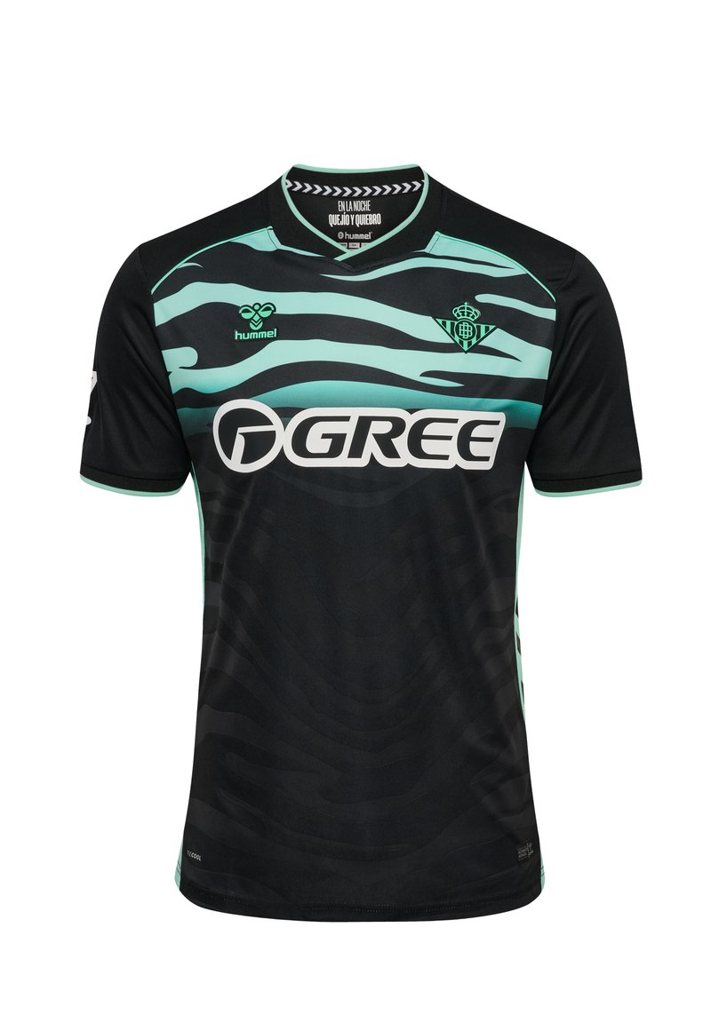 Jersey deportivo negro de manga corta con un patrón de rayas verdes, cuello redondo y logo "GREE" centrado en el pecho. Fabricado con tela ligera.