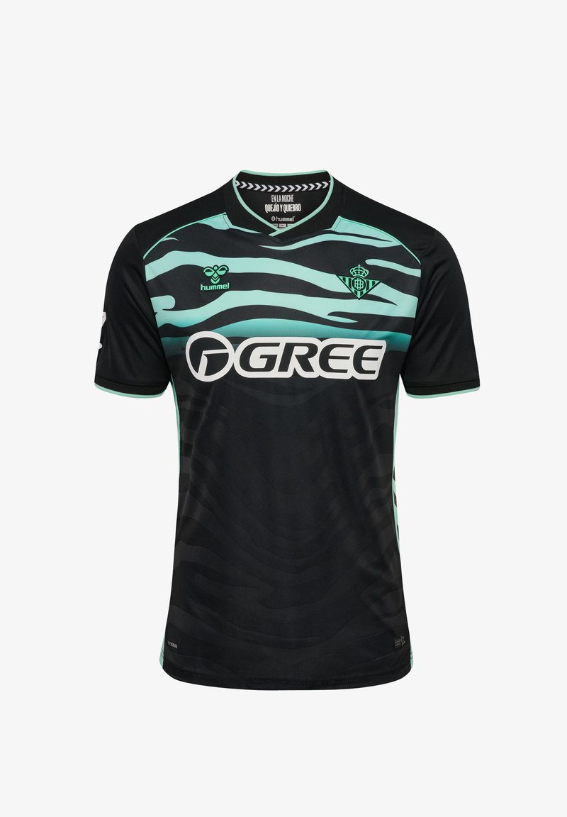 Jersey deportivo negro de manga corta con un patrón de rayas verdes, cuello redondo y logo "GREE" centrado en el pecho. Fabricado con tela ligera.
