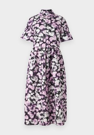 Kwiatowa sukienka midi z krótkimi rękawami, z przodu na guziki, w wzór purpurowy, czarny i biały; lekki materiał; dopasowany pas z pełną spódnicą.