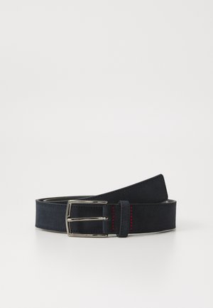 Suede belt in dark blue with a metal buckle, featuring red stitching accents on the leather loop. Flat design and smooth texture.