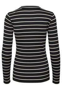 Svart långärmad topp med vita horisontella ränder, ribbat material, rund halsringning och figurnära silhuett.