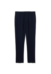 Pantalones azul marino con diseño de pierna recta y un sutil patrón de rayas finas, confeccionados en una tela suave con una pretina clásica y cierre de botón.