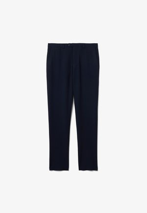 Marineblaue Hosen mit geradem Bein und dezentem Nadelstreifenmuster, hergestellt aus einem glatten Stoff mit klassischem Bund und Knopfverschluss.