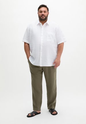 Man standing with hands in pockets wearing a white short-sleeve button-up shirt, olive pants, and black sandals on a white background.