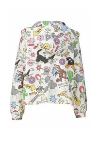 Hooded sweatshirt made of lightweight fabric featuring a colorful cartoon pattern with various characters and symbols. Cropped design with elastic cuffs.